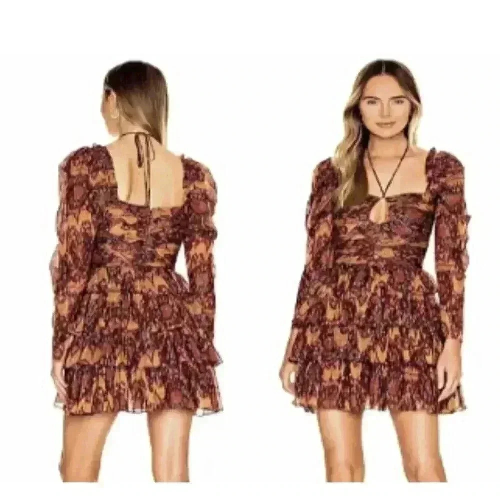 House of Harlow 1960 Floral Tiered Ruffle Mini Dress Metallic Medium NEW 1367